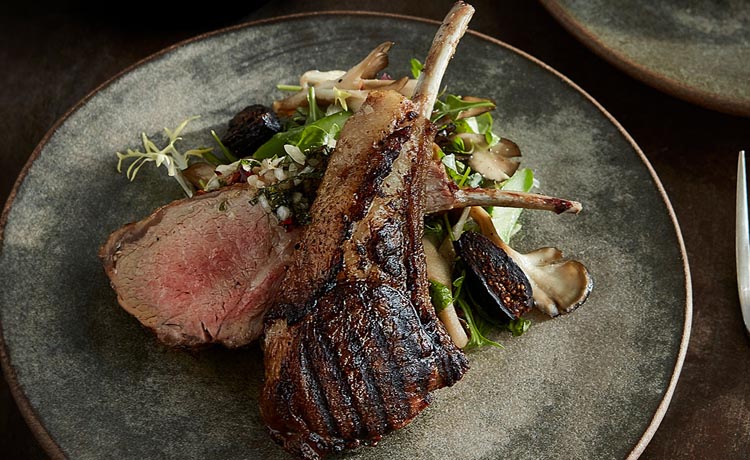 Hess Persson Grilled Lamb Chops with Arugula, Asparagus, Maitake Mushroom and Fig Salad with Roasted Fennel and Thyme Vinaigrette